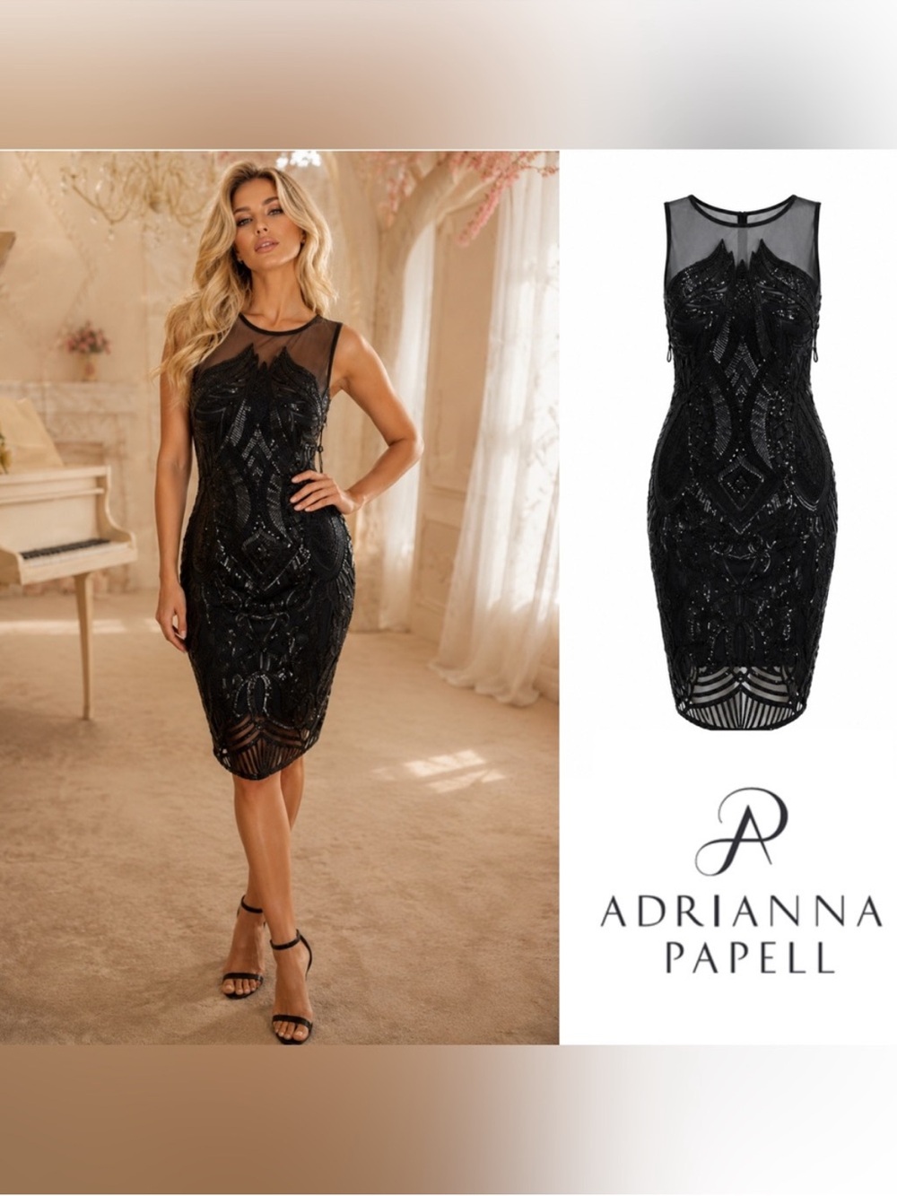 NWT Adrianna Papell sequin panel illusion cocktail dress